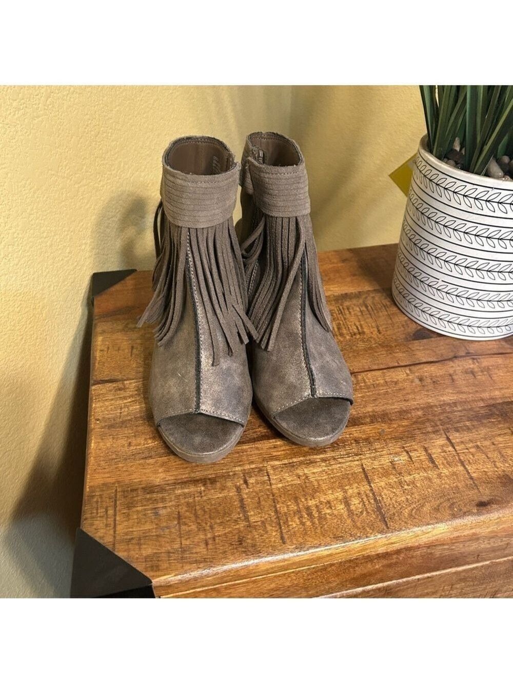 Taupe Fringe Peep-Toe Ankle Boots